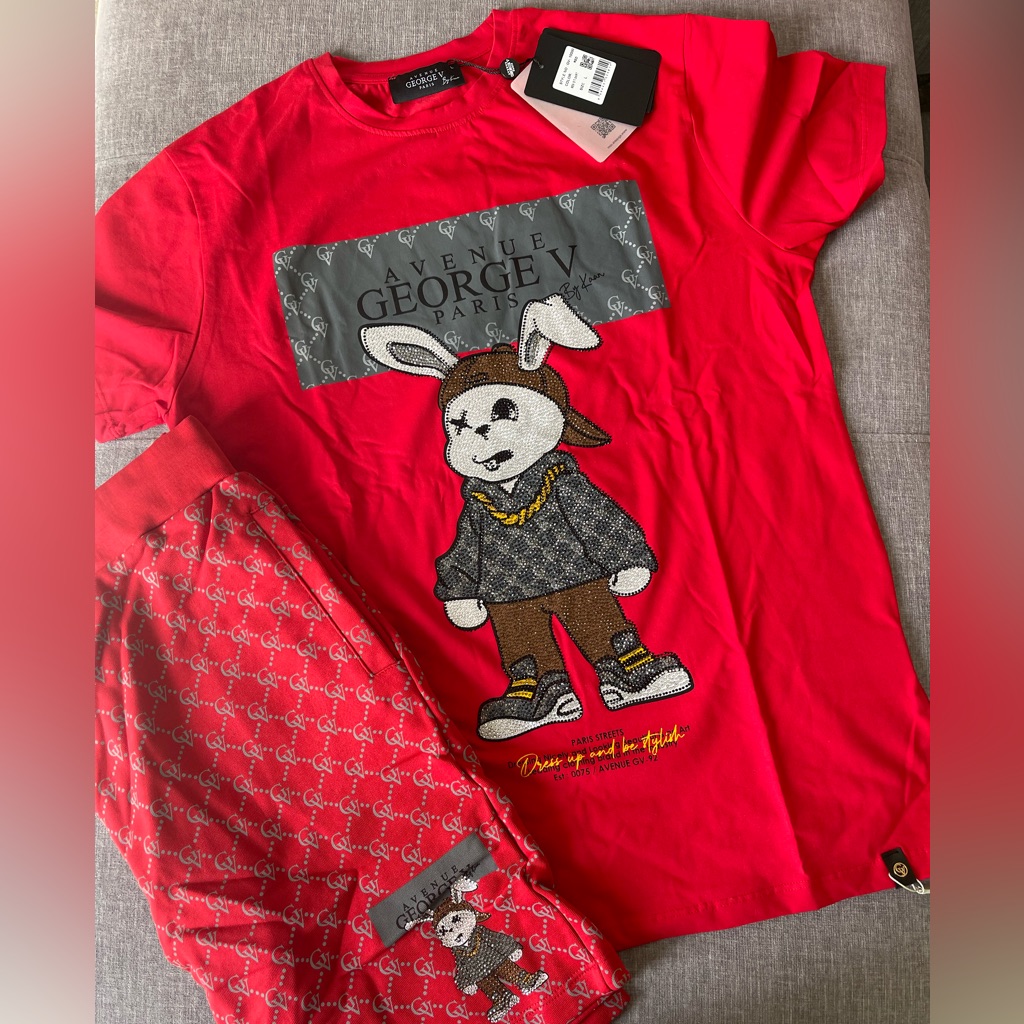Avenue George V Paris Short Set Men's Red 2 Piece Set Rabbit Rhinestone Large